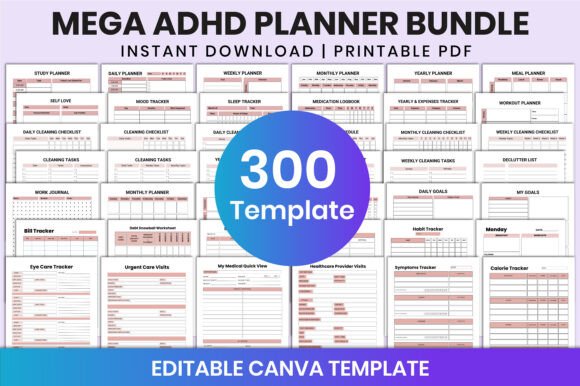 Download Mega ADHD Planner Bundle for Canva - Adhd planner Collection