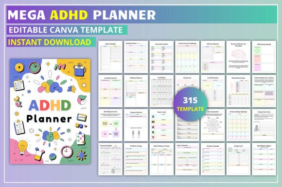 Download Editable Mega ADHD Planner KDP Interior - Adhd planner Collection