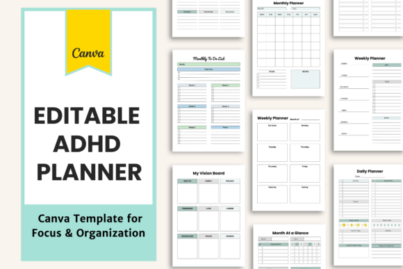 Download Editable ADHD Planner | Canva Templates - Adhd planner Collection